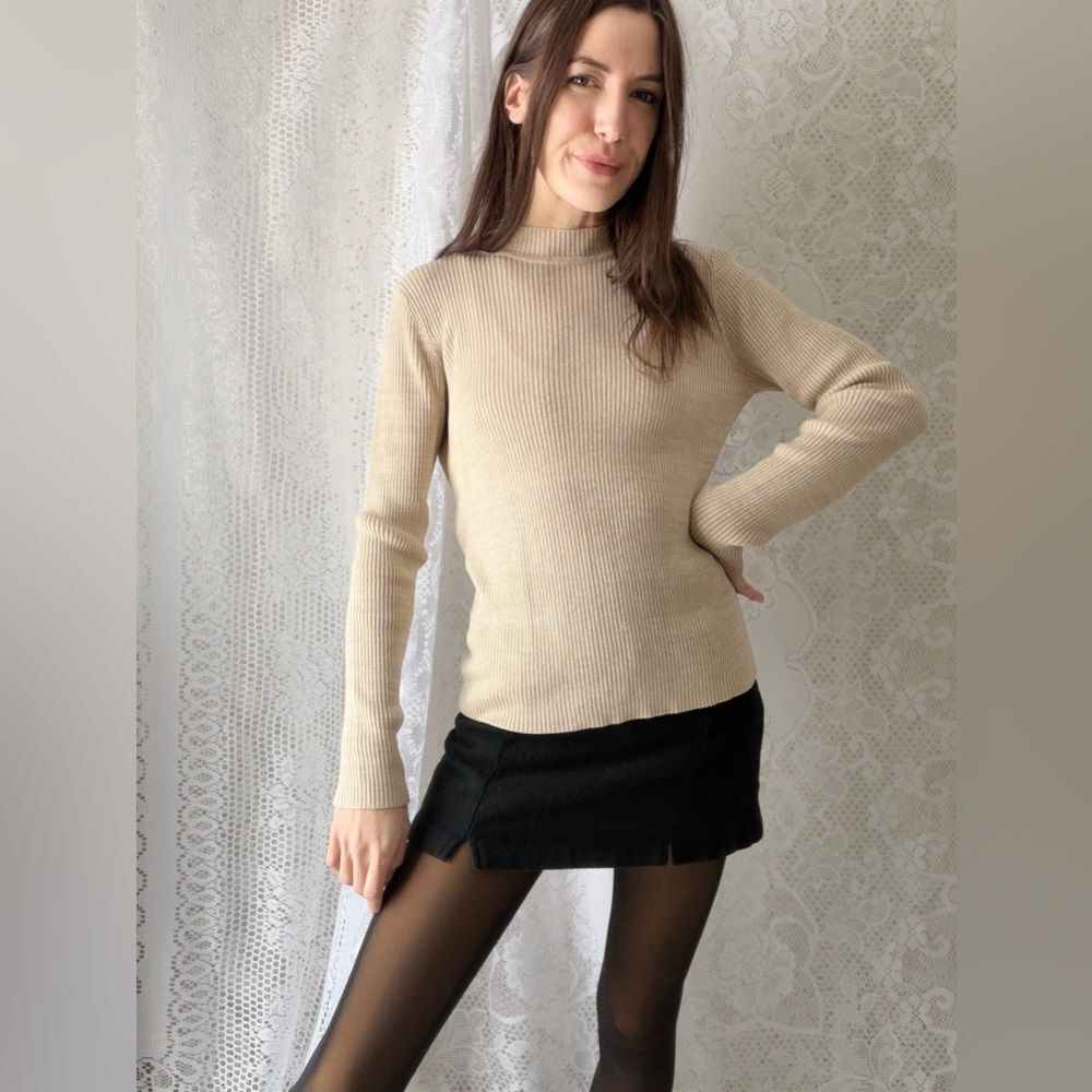 Vintage 90s Ribbed Mock Neck Sweater Sag Harbor Beige - Picture 7 of 12